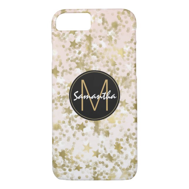 Capa Para iPhone, Case-Mate Estrelas Douradas Confetti Peach Monograma (Verso)