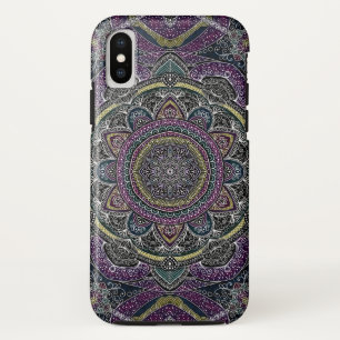 Capa Para iPhone X Estrelas sagrados e laço da mandala roxos e preto