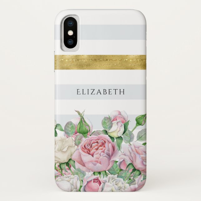 Capa Para iPhone, Case-Mate Faixa Dourada FAUX Elegante com Rosas e Nome Rosa (Verso)