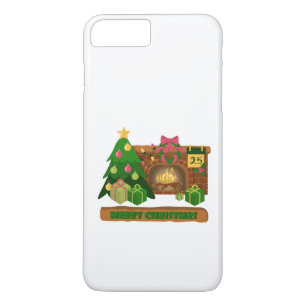 Capa iPhone 8 Plus/7 Plus Feliz Natal perto da árvore de Natal de lareira bo