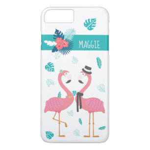 Capa iPhone 8 Plus/7 Plus Flamingo divertido com flores e folhas tropicais