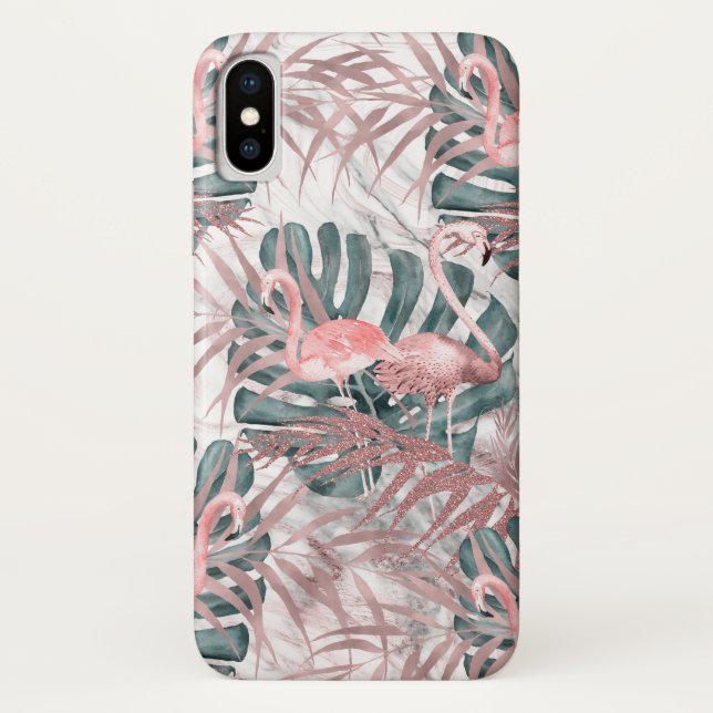 Capa Para iPhone, Case-Mate Flamingos Tropicais Rosa Dourado Folhas e Mármore (Verso)