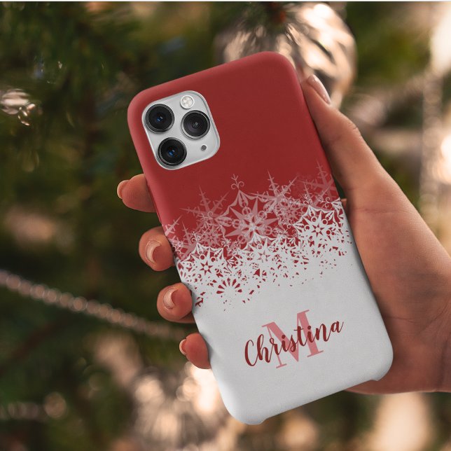 Capa Para iPhone, Case-Mate Flocos de neve brancos vermelhos monogramas (Criador carregado)