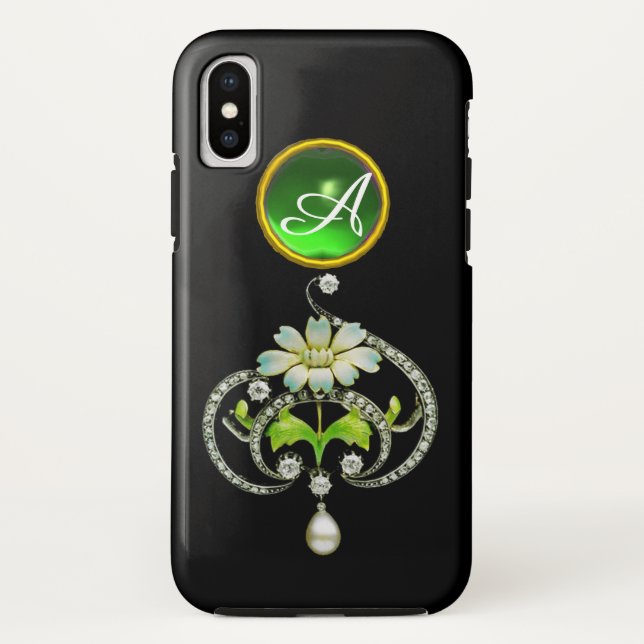 CAPA PARA iPhone, Case-Mate  FLOR DE ESMALTE BRANCO, PÉROLAS E DIAMANTES MONOGR (Verso)