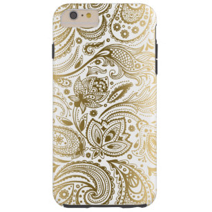 Capa Tough Para iPhone 6 Plus Floral Paisley Da Vintagem Dourada E Branca