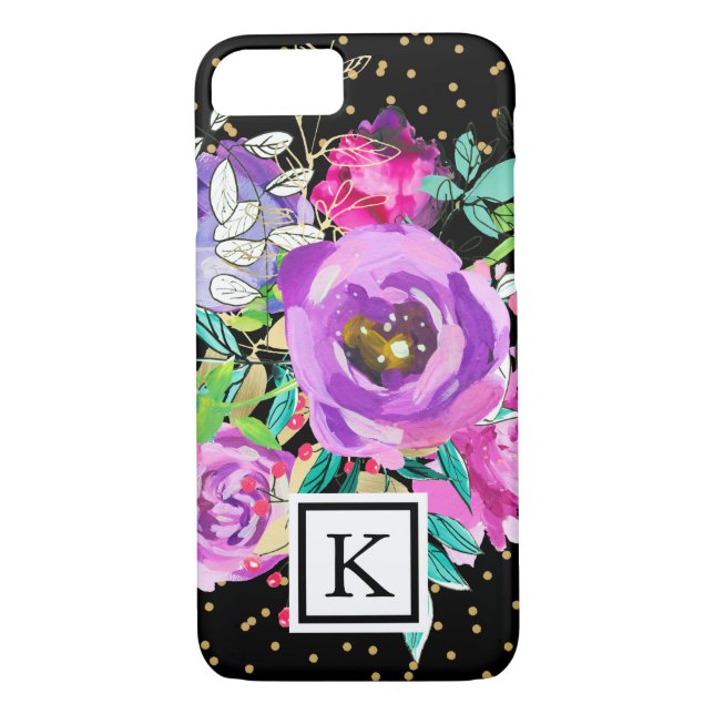 Capa Para iPhone, Case-Mate Floral Roxo a Preto com Monograma Confetti (Verso)