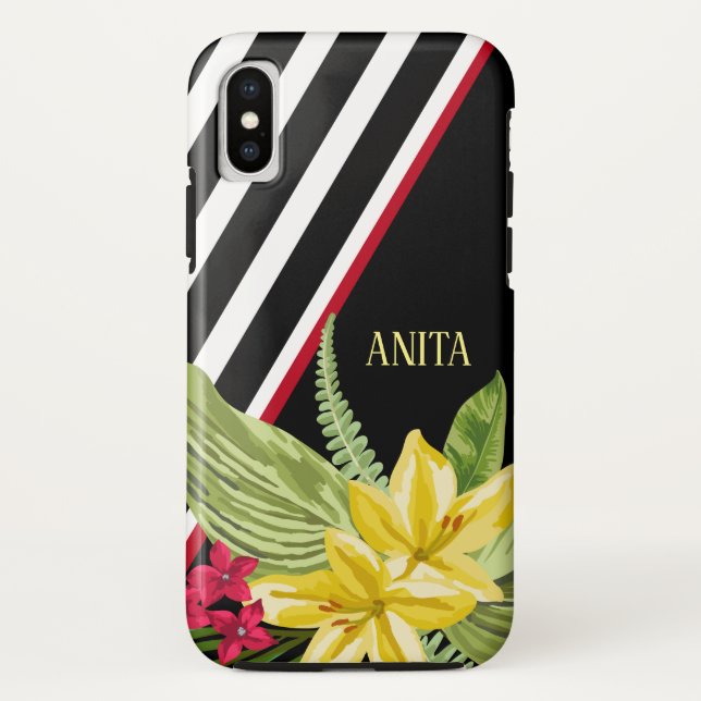 Capa Para iPhone, Case-Mate Flores Amarelas com Stripes Brancas Pretas (Verso)