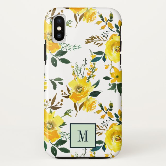 Capa Para iPhone, Case-Mate Flores amarelas quentes e monograma das folhas (Verso)