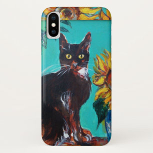 CAPA PARA iPhone X FLORES COM GATO PRETO EM TURQUOISMO AZUL