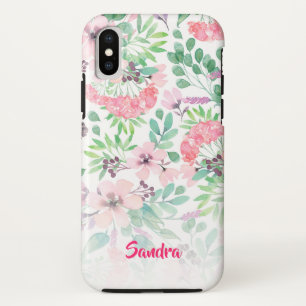 Capa Para iPhone X Flores Cor-de-rosa Monograma do Padrão Folheto Ver