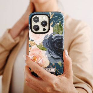 Capa Para iPhone Da Case-Mate Flores de Blush e Marinho   Nome Personalizado Azu