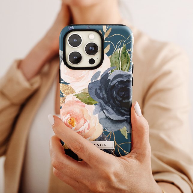Capa Para iPhone, Case-Mate Flores de Blush e Marinho | Nome Personalizado Azu (Criador carregado)