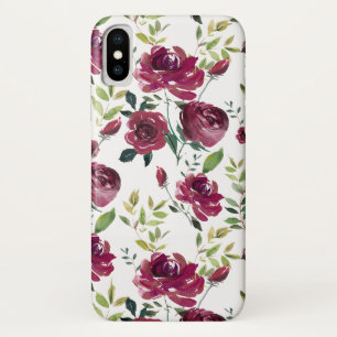 Capa Para iPhone X Flores de Borgonha de Aquarela   Padrão Floral