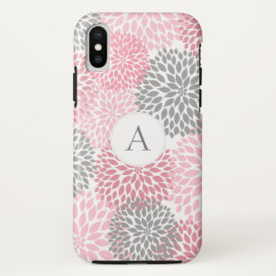 Capa Para iPhone X Flores florais cinzentas cor-de-rosa chiques na