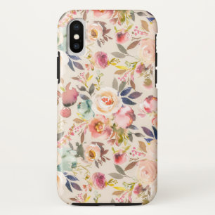 Capa Para iPhone X Flores pintados mão da aguarela do marrom do rosa