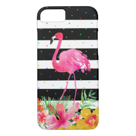 Capa iPhone 8/7 Flores Tropicais Bonitas Flamingo e Stripes Negras