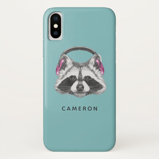 Capa Para iPhone, Case-Mate Fones de ouvido Raccoon | Adicione seu nome (Verso)