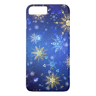 Capa iPhone 8 Plus/7 Plus Fundo Azul XMAS com Flocos de Neve Ouro