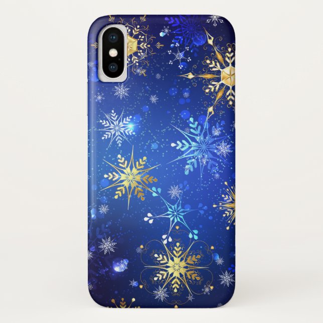 Capa Para iPhone, Case-Mate Fundo Azul XMAS com Flocos de Neve Ouro (Verso)