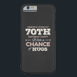 Capa Barely There Para iPhone 6 Funny 70th birthday sayings<br><div class="desc">Funny 70th birthday sayings quote with humorous saying as Weekend Forecast 70th Birthday Party With A Chance Of Hugs. Happy 70th birthday for celebrating the birthday of your loved ones for example your grandma,  grandpa,  father,  mother,  uncle or aunt. Happy 70th birthday gift idea.</div>