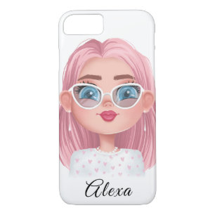 Capa iPhone 8/7 garota bonita com cabelo rosa