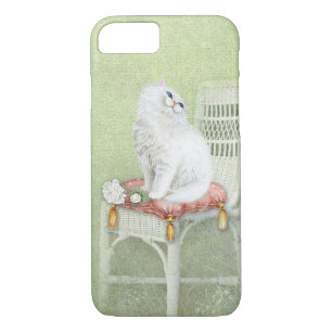 Capa iPhone 8/7 gato branco e rosas no travesseiro de cadeira eleg