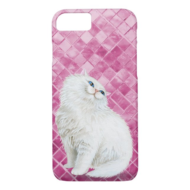 Capa Para iPhone, Case-Mate Gato branco persa no azulejo do shimmer rosa (Verso)