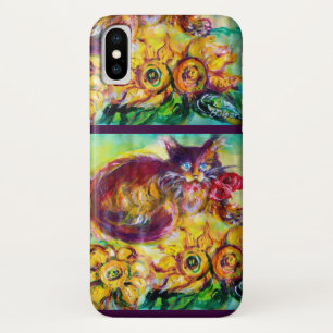 CAPA PARA iPhone X GATO COM BORRACHA VERMELHA E FLORES