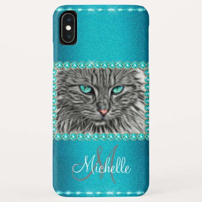 Capa Para iPhone, Case-Mate Gato Metálico Turquesa, Rinoestonas Personalizadas (Verso)