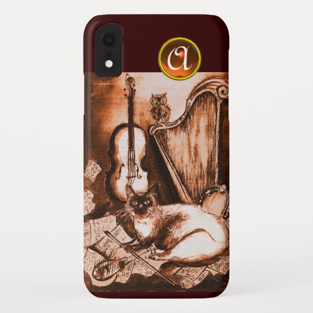 CAPA PARA iPhone, Case-Mate  GATO MUSICAL COM CORUJA EM SÉPIA MARROM MONOGRAMA  (Verso)
