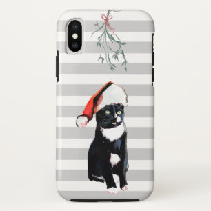 Capa Para iPhone X Gato preto e branco do Natal com chapéu do papai