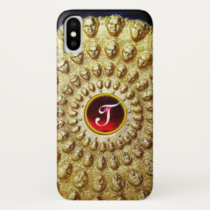 Capa Para iPhone X Gema vermelha do rubi do MONOGRAMA DOURADO do