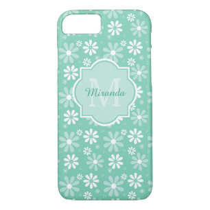 Capa iPhone 8/7 Girly Neo Mint Green Daisy Flowers Nome do Monogra