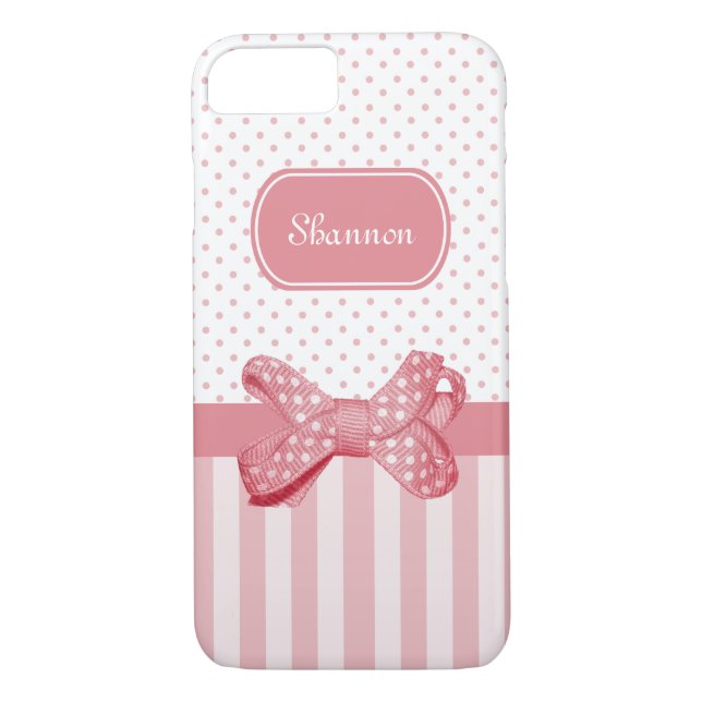 Capa Para iPhone, Case-Mate Girly Pink Stripes Bolinhas Bonito Arco Com Nome (Verso)