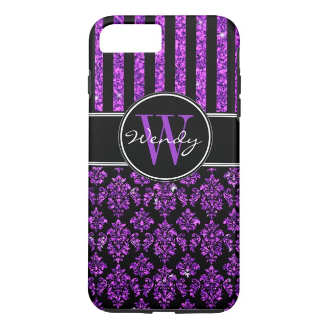 Capa Para iPhone, Case-Mate Glitter Preto Roxo, Damasco, Seu Nome (Verso)