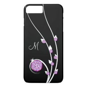 Capa iPhone 8 Plus/7 Plus Glitzy Monograma Joia de Rhinestone Roxo
