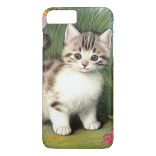 Capa iPhone 8 Plus/7 Plus Ilustração de Gato Vintage com Flores Vermelhas