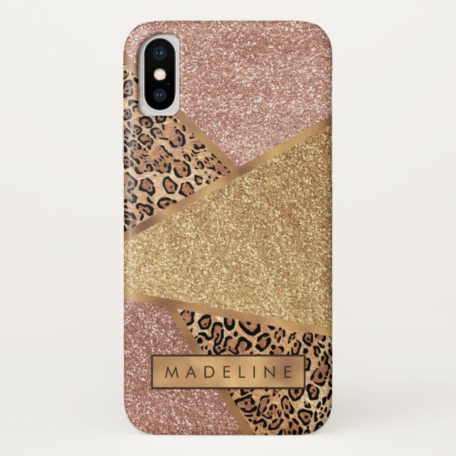 Capa Para iPhone, Case-Mate Impressão Leopard com Lâmpada Dourada de Rosa Geom (Verso)