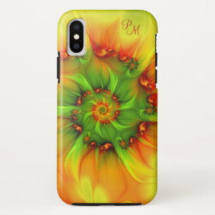 Capa Para iPhone X Iniciais Fractais de Abstrato de Laranja Verde de