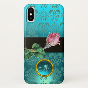 CAPA PARA iPhone X  JÓIA COR-DE-ROSA DO ROSEBUD, MONOGRAMA AZUL DA