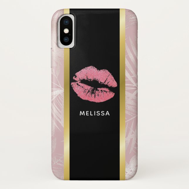 Capa Para iPhone, Case-Mate Lábios brilhantes cor-de-rosa e folhas tropicais D (Verso)
