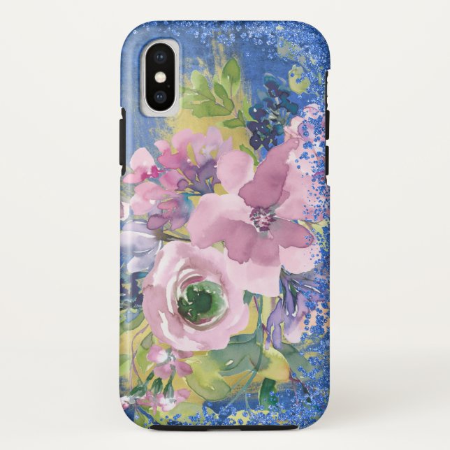 Capa Para iPhone, Case-Mate Lavanda Azul Floral Glitter Aquarela (Verso)