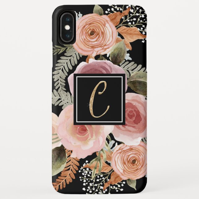 Capa Para iPhone, Case-Mate Letra C, Dourada, a preto aquarela, monograma flor (Verso)