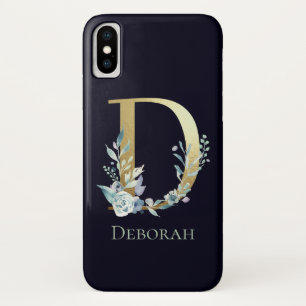 Capa Para iPhone Da Case-Mate Letra D Monograma Dourado Nome Floral Azul Marinho