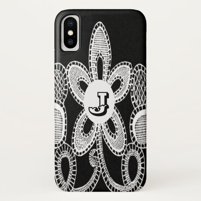 Capa Para iPhone, Case-Mate Letra J de Monograma Flor de Renda Preta e Branca (Verso)