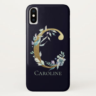 Capa Para iPhone Da Case-Mate Letra Monograma Dourada C Azul Marinho Floral Nome