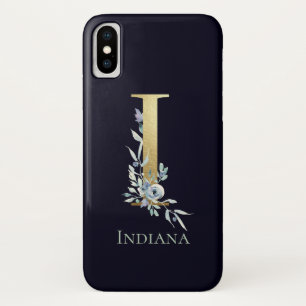 Capa Para iPhone Da Case-Mate Letra Monograma Dourada I Azul Naval Floral Nome