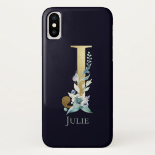 Capa Para iPhone Da Case-Mate Letra Monograma Dourada J Azul Marinho Floral Nome