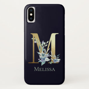 Capa Para iPhone Da Case-Mate Letra Monograma Dourada M Azul Marinho Floral Nome