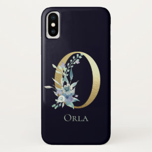 Capa Para iPhone Da Case-Mate Letra Monograma Ouro O Azul Naval Floral Nome